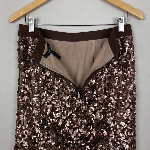 BCBG MaxAzria Skirt Medium Bronze Sequin Mesh Dorshea Pencil Glam Stretch New - Picture 6 of 10